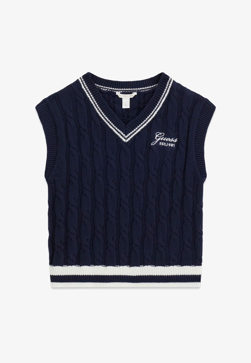 Gilet en maille torsadée bleu marine sans manches avec encolure en V rayée blanche et ourlet, avec "Guess EST. 1981" brodé sur la poitrine.