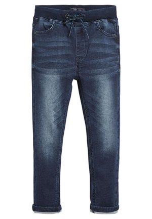 Donkere blauw smalle jeans met elastische tailleband, trekkoord, vijf zakken en vervaagde wassing op de pijpen.