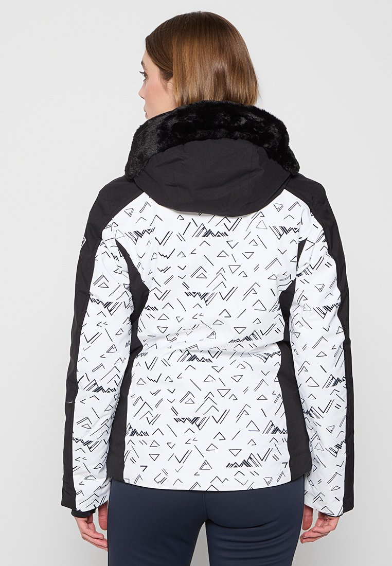 Kurtka puchowa z czarno-białym geometrycznym wzorem, kołnierzem z sztucznego futra, kapturem i dopasowanym krojem. Wykonana z lekkiego, odpornego na warunki atmosferyczne materiału.