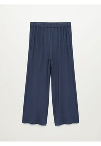 Marinblå vida byxor med elastisk midja, tillverkade av mjukt tyg, med en slät yta och avslappnad passform.