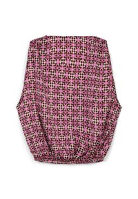 Top a righe viola e rosa con accenti marroni, taglio morbido, orlo arricciato e ampie aperture per le braccia; presenta design floreali e geometrici.