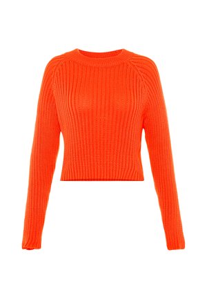 Maglione corto a maniche lunghe in maglia a coste arancione brillante, con scollo tondo e polsini aderenti.