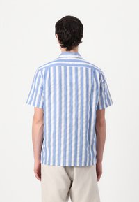 Camicetta a maniche corte in blu chiaro e bianco a strisce. Realizzata in un tessuto leggero con orlo dritto e colletto semplice.