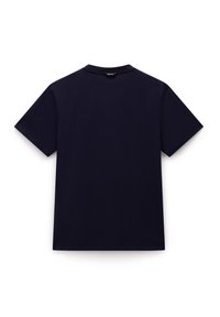 Mørkeblå kortærmet t-shirt lavet af glat bomuld. Har en rund halsudskæring og et enkelt, ensfarvet design uden synlige mønstre eller accenter.