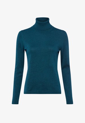 Maglione a collo alto teal realizzato in tessuto morbido, con maniche lunghe, design aderente e dettagli a coste al collo e all'orlo.