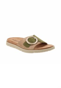 Infradito verde e beige con una tomaia texturizzata caratterizzata da un accentuato dettaglio circolare, suola morbida e design minimalista.