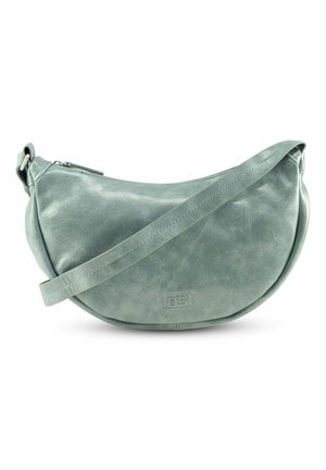 Borsa a tracolla verde in ecopelle, forma a mezzaluna, chiusura con zip, tracolla regolabile, logo in rilievo, texture liscia con leggero effetto lucido.