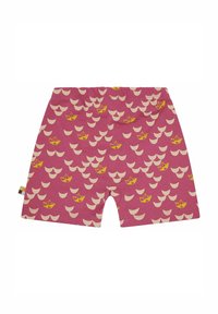 Roze katoenen shorts met een patroon van gele en crèmekleurige boten met halve maanvormen. Elastische tailleband en kortere pijpen.