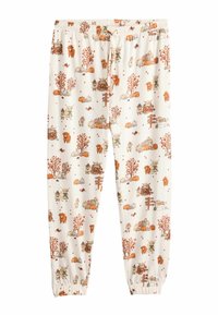 Cream-colored pants with autumn-themed prints including pumpkins, trees, leaves, and small animals in orange and brown tones.