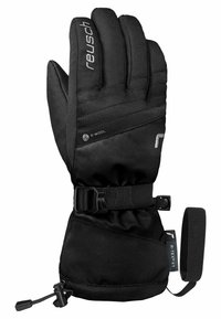 Schwarze Winterhandschuhe aus strapazierfähigem Stoff, mit strukturierter Oberfläche, verstellbarem Riemen und R-WOOL-Branding zur Isolierung.