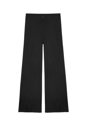 Pantalon en maille noir à jambes larges avec une texture côtelée verticale et un petit nœud décoratif à la taille élastique.