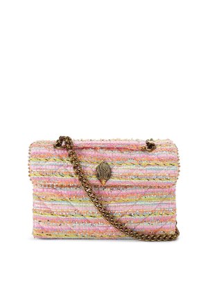Small rectangular tweed handbag in pink, orange, and gold tones with a bronze chain strap and decorative bronze clasp.