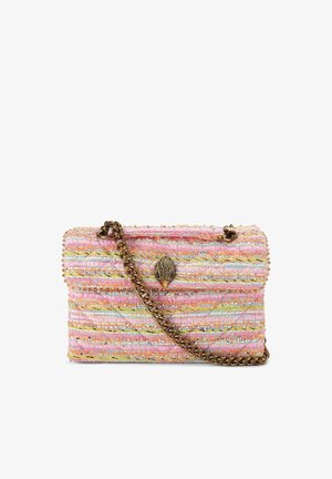 Small rectangular tweed handbag in pink, orange, and gold tones with a bronze chain strap and decorative bronze clasp.