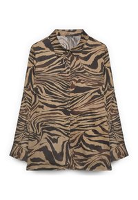 Camicia leggera a maniche lunghe in marrone e beige con stampa a strisce di tigre. Presenta un colletto classico e chiusura frontale con bottoni.