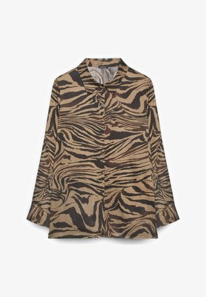 Lekka, koszula z długim rękawem w odcieniach brązu i beżu z nadrukiem w paski tygrysa. Posiada klasyczny kołnierzyk i zapięcie na guziki z przodu.