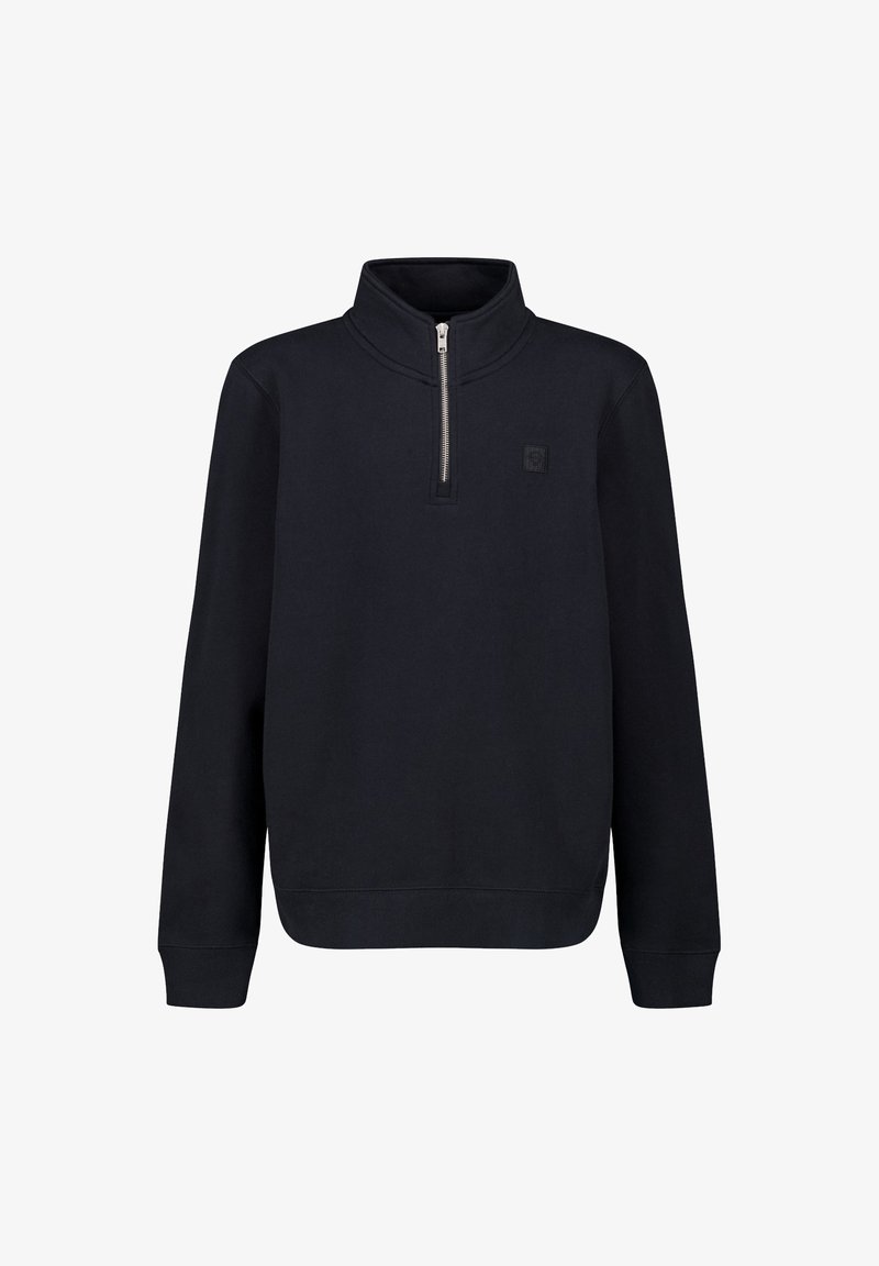 Navy sweatshirt with a half-zip collar, long sleeves, and ribbed cuffs. Features a small logo on the chest and a smooth, matte texture.