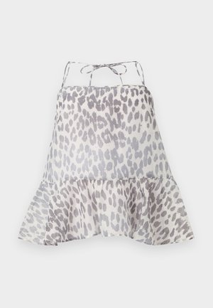 Top sin mangas y ligero de tela fresca con un estampado de leopardo gris. Dobladillo con volantes y tirantes ajustables en la parte posterior.