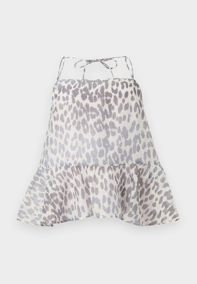 Športna brezrokavna majica iz lahkega materiala z grafiko sivega leoparda. Ruffled rob in nastavljive trakove na hrbtu.