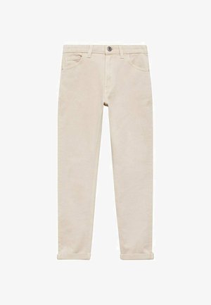 Svijetlo bež, uske hlače od mješavine pamuka. Imaju kopčanje na dugme, pet džepova i podvrnute nogavice. Glatka tekstura s minimalnim detaljima.