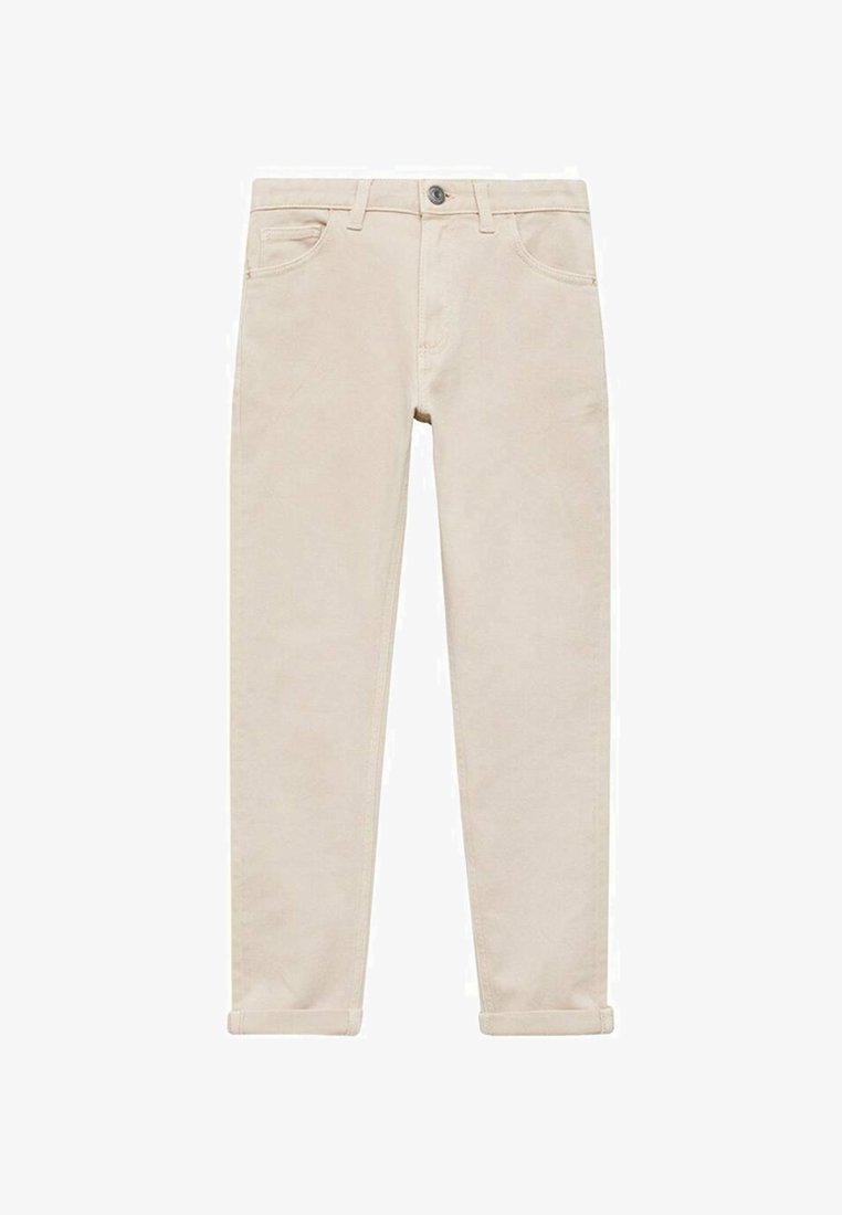 Svetlo bežene, uske hlače od mešanice pamuka. Imaju zaklep s dugmetom, pet žepov in odmice na manžetah. Gladek tekstura z minimalnimi podrobnostmi.