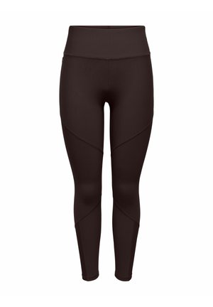 Leggings de sport taille haute, brun foncé, avec des détails de coutures visibles et une coupe slim longueur cheville.
