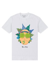 White cotton t-shirt featuring a cartoon face with green spiral sunglasses, colorful floral accents, and "Rick and Morty" text underneath.