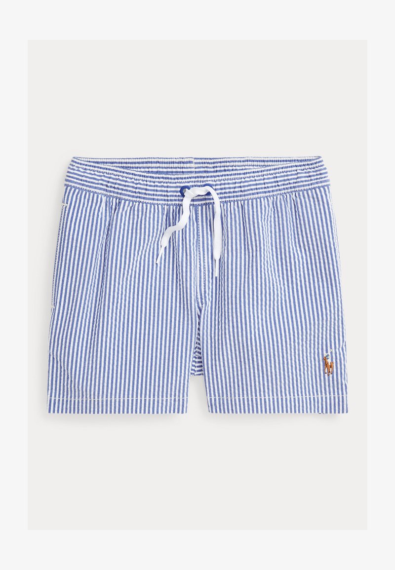Blue and white striped swim shorts featuring an elastic waistband with a drawstring, side pockets, and a small embroidered logo.