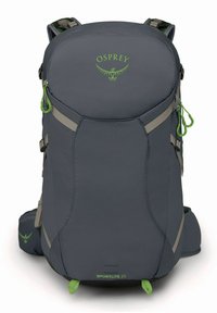 Sac à dos Osprey Sportlite 25 en tissu gris foncé avec des accents verts, doté de bretelles réglables, d'un dos rembourré et de poches latérales doubles.