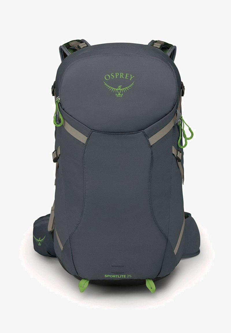 Sac à dos Osprey Sportlite 25 en tissu gris foncé avec des accents verts, doté de bretelles réglables, d'un dos rembourré et de poches latérales doubles.