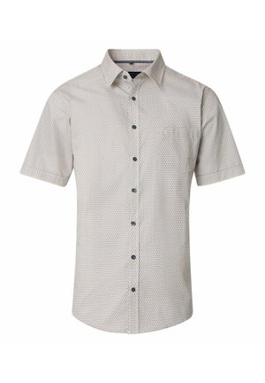Short-sleeved shirt, light beige with a geometric pattern, button-up front, pocket on left chest, navy buttons, and a collar.