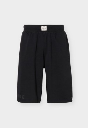 Pantaloncini atletici neri fino al ginocchio con vita elastica e piccola etichetta bianca centrata nella parte superiore anteriore.