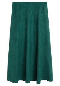 Falda midi de ante verde con un diseño fluido, que presenta una cinturilla plana y pliegues que crean una silueta suave.