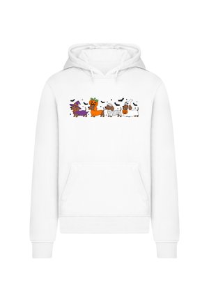 Weißer Hoodie mit einem bunten Design von Cartoon-Tieren in Halloween-Kostümen, darunter eine Hexe, ein Kürbis und ein Geist, umgeben von Fledermäusen.