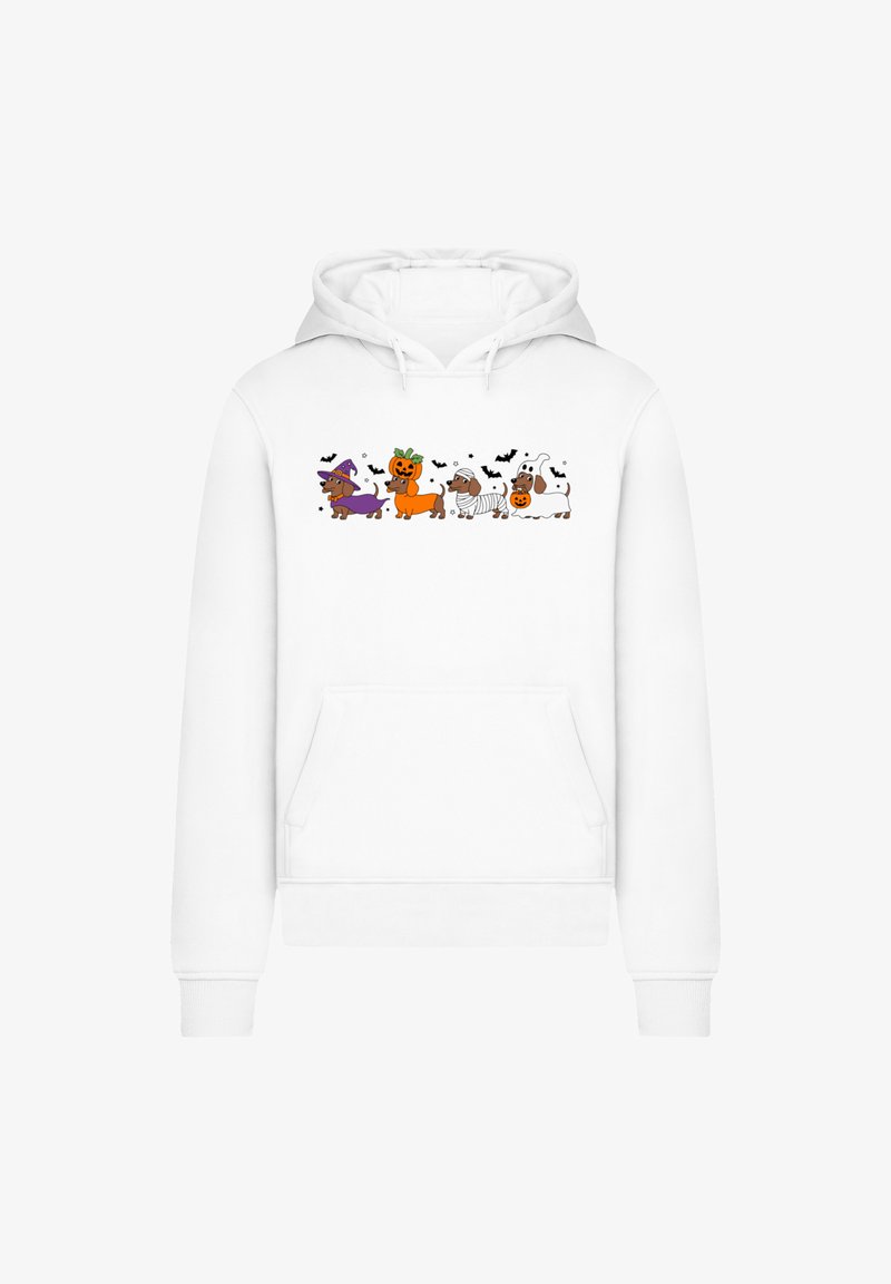 Weißer Hoodie mit einem bunten Design von Cartoon-Tieren in Halloween-Kostümen, darunter eine Hexe, ein Kürbis und ein Geist, umgeben von Fledermäusen.