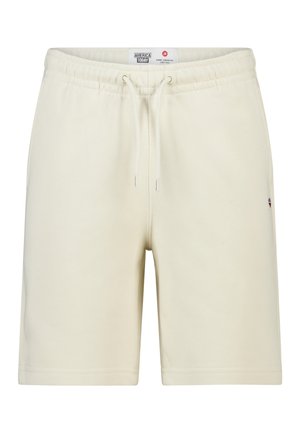 Cremefarbene Shorts mit elastischem Bund, Kordelzug und kleinem gesticktem Logo auf der rechten Seite, im lässigen Stil.
