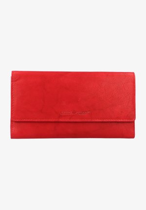 Portefeuille en cuir rouge avec une texture lisse, de forme rectangulaire et une fermeture à rabat à l'avant. Présente un logo en relief sur le devant.