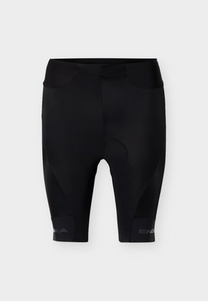 Μαύροι επενδυμένοι ποδηλατικοί σορτς με εφαρμοστή γραμμή και διακριτικό λογότυπο στις κάτω ζώνες των ποδιών, σε απλό φόντο.