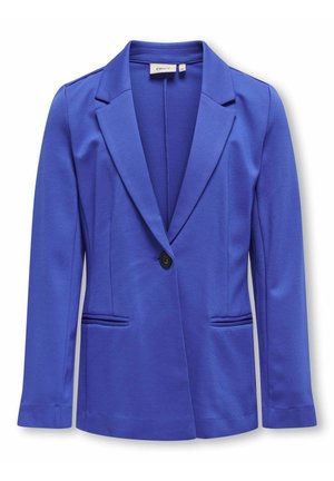 Blazer bleu avec un col cranté, un bouton noir unique et deux poches avant. Fabriqué en tissu lisse et extensible pour plus de confort.