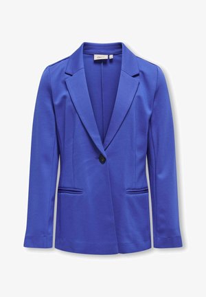 Blazer azul con solapa de pico, un botón negro en el centro y dos bolsillos frontales. Fabricado en una suave tela elástica para mayor comodidad.