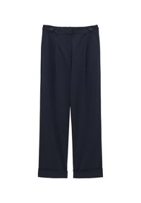Marineblaue maßgeschneiderte Hose mit weitem Bein, ausgestattet mit zwei vorderen Taschen, zwei Knöpfen am Bund und hochgekrempelten Säumen.