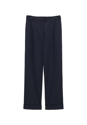 Navy blue tailored trousers with a wide-leg design, featuring two front pockets, two buttons at the waistband, and rolled cuffs.