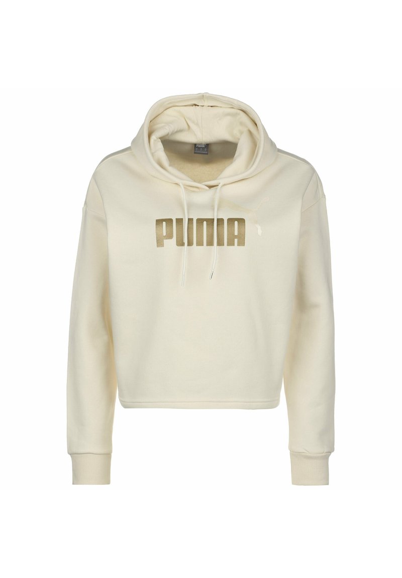 Zkrácená krémová mikina s kapucí vyrobená z měkké látky, s velkým zlatým logem "PUMA" a šňůrkami na kapuci. Rybí manžety.