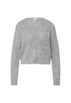 Cardigan gris court en maille douce. Présente un col en V, des manches longues et trois boutons à l'avant. Texture subtile sur l'ensemble.