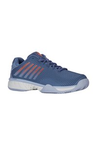 Blue athletic shoe with textured mesh upper, orange accents, thick rubber sole, and ridged pattern for traction. Lace-up design for secure fit.