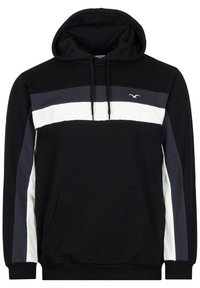 Sudadera negra con rayas horizontales gris y blanca en el pecho y las mangas, bolsillo frontal, capucha con cordón y pequeño logo de un pájaro blanco en el pecho.
