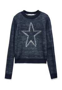 Marineblauwe trui met een neonblauw sterontwerp, ronde halslijn, geribbelde boorden aan de mouwen en zoom, met een iets kortere lengte en een zachte textuur.