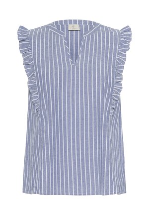 Haut sans manches bleu rayé avec un décolleté en V et des accents d'épaules volants. Fabriqué en tissu léger avec une finition texturée.