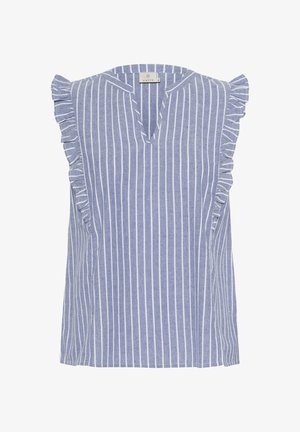 Blå stribede ærmeløse bluse med V-hals og voluminøse skulderdetaljer. Fremstillet af letvægtsstof med en tekstureret overflade.