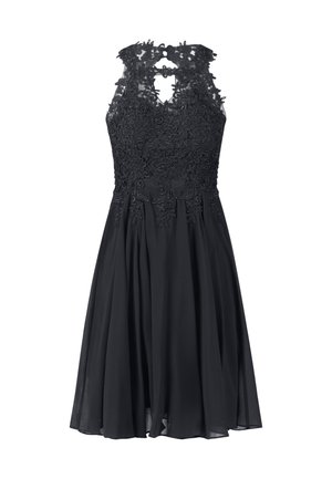 Sort kjole med blomstret blonde overdel, ærmeløs design og en udvidet nederdel. Har en nøglehulslukning bagpå og intrikate broderimønstre.