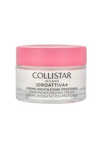 Collistar deep moisturizing cream in a clear glass jar with a pink lid. Labels in black and white on the jar's side. Creamy texture visible inside.